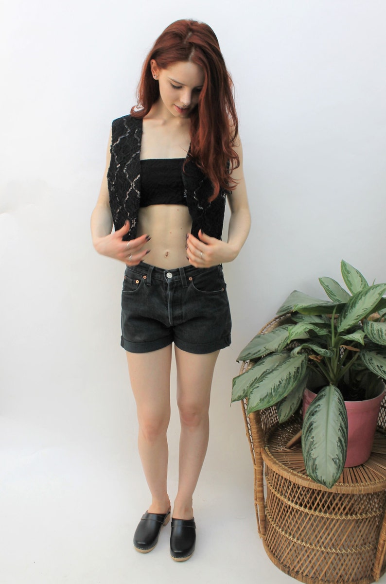 EU 3840 1980s Black Sequin /& Lace Waistcoat Size UK 1012 US 68