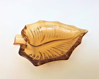 Amber Cut Glass Leaf Design Trinket Dish