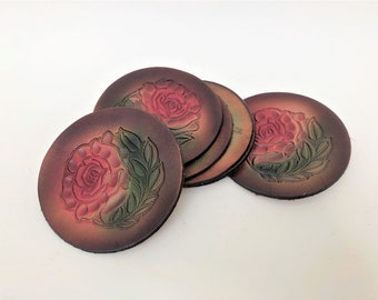 Set of Six Rose Design Leather Coasters