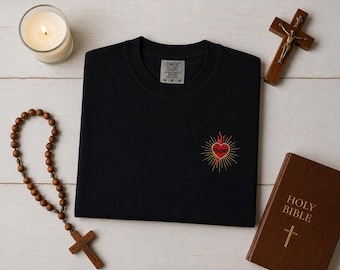 Sacred Heart Embroidered Comfort Colors Tee | Catholic Faith Apparel