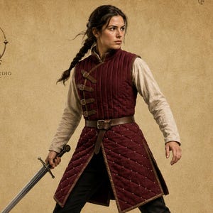 May include: A burgundy quilted gambeson vest featuring vertical stitching on the chest, a brown leather belt with a buckle, and three side buckles. The garment is worn over a long-sleeved beige shirt and black trousers, paired with brown leather boots.