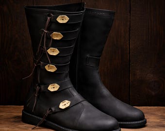 Black Sovereign Buckle Boots – Medieval Knight / LARP Leather Boots