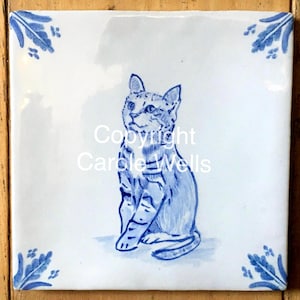 Cat Delft Original Hand-Painted Tile: Chinoiserie Floral Art, USA Made