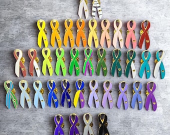 Enamel Cancer Awareness Ribbon Pin, Gold Trim Lapel Brooch
