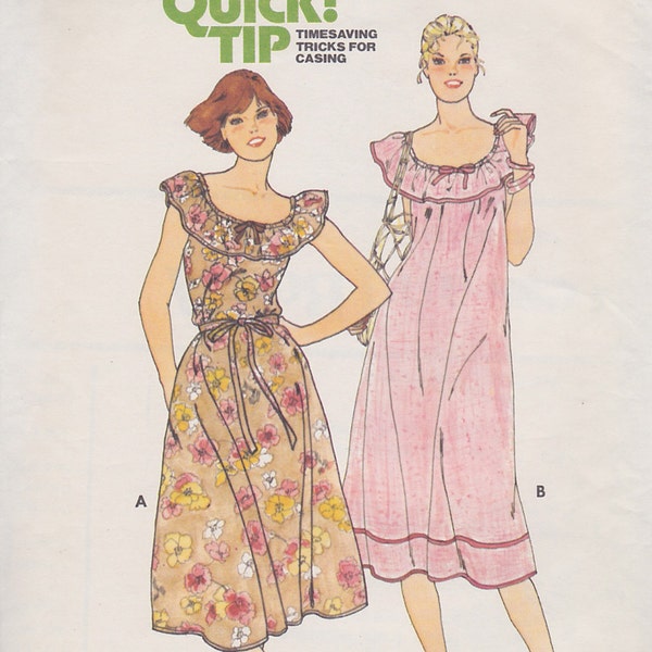 1970s Peasant Dress, Hippie, Boho Vintage Pattern, Quick Butterick 6105, Scoop Neck, Ruffle Tie Belt, Loose Fitting, Ribbon Trim Easy to Sew