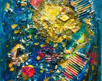 Original Abstract Textured Acrylic Painting, Found Object Collage, Ready to Hang