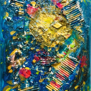 May include: Abstract painting with a blue background and gold, red, and white accents. The painting has a textured surface and appears to be made with mixed media.