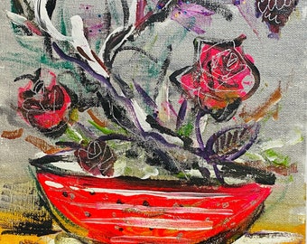 Japanese Winter Ikebana Painting, Haiku Art, Glitter Oriental Acrylic