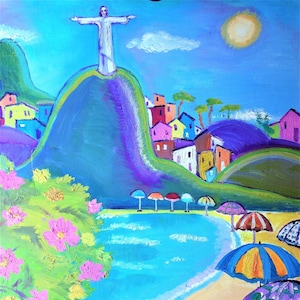 Impresión de Río de Janeiro de pintura al óleo original, cartel de viaje brasileño, arte de la pared de Brasil, vista urbana de Río, regalo de viajeros, cartel de Brasil.Rio arte