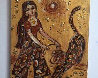 wooden board art unique mixed painting  girl & leopard friendship wall hanging ready to hang, signed  unique, only one sparkling art décor