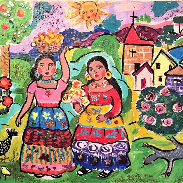 Mexican Folk Art Print,Spanish Girl Art,Mexican Town Print,Naive Spanish Art,Latin Art Decor,Paradise Art,Mexican nature Art,Floral Print