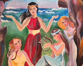 Greek Goddess Art Print,Greek Mythology Print,Four Muses Art Print,Fantasy Artwork,Athena &Goddesses with Lyres Print,Odyssey Illustration