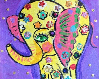 Elephant Acrylic painting,Elephant Wall art,Kids  art decor,Original Whimsical Artwork,Baby nursery art gift,Animal Wall art,Baby  Elephant
