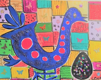 Hen and Egg Acrylic Painting, Whimsical Nursery Art