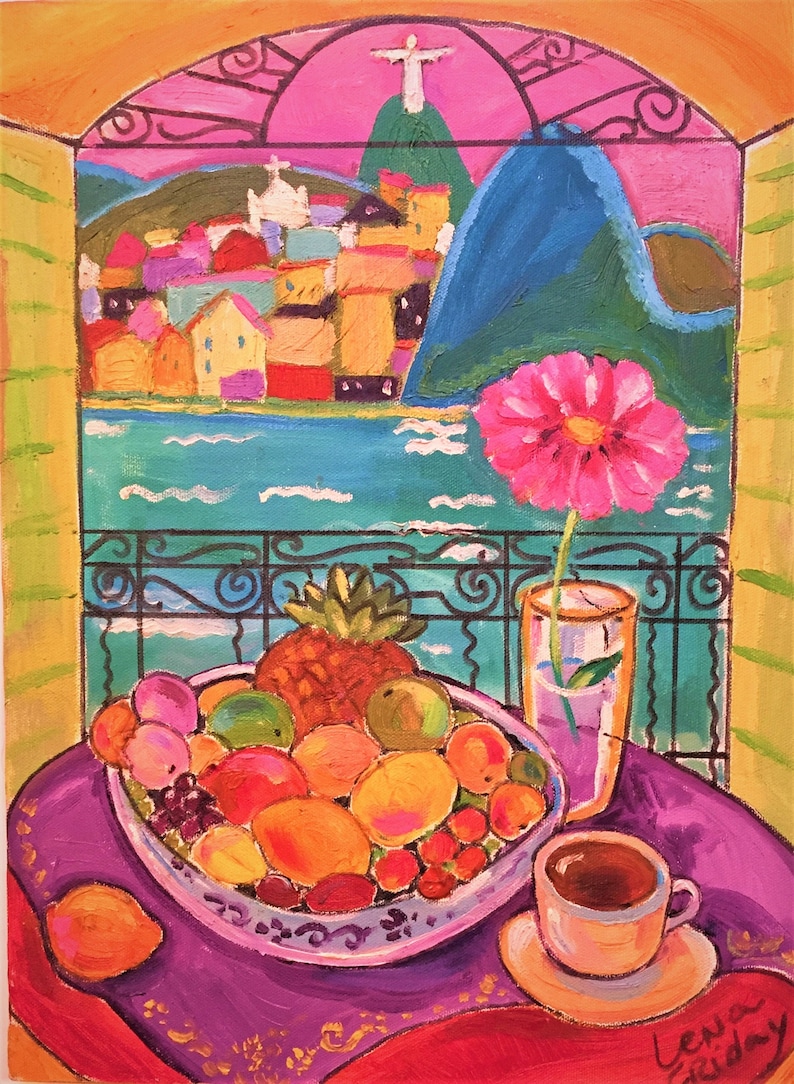 May include: A painting of a still life with a bowl of fruit, a cup of coffee, and a flower in a vase. The fruit includes pineapple, mangoes, plums, and grapes. The background shows a view of a city and a mountain with a statue on top.