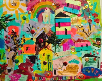 coming home, original mixed media art, ready to hang canvas, bright colors, textures, whimsical art, combo of acrylic and torn paper collage