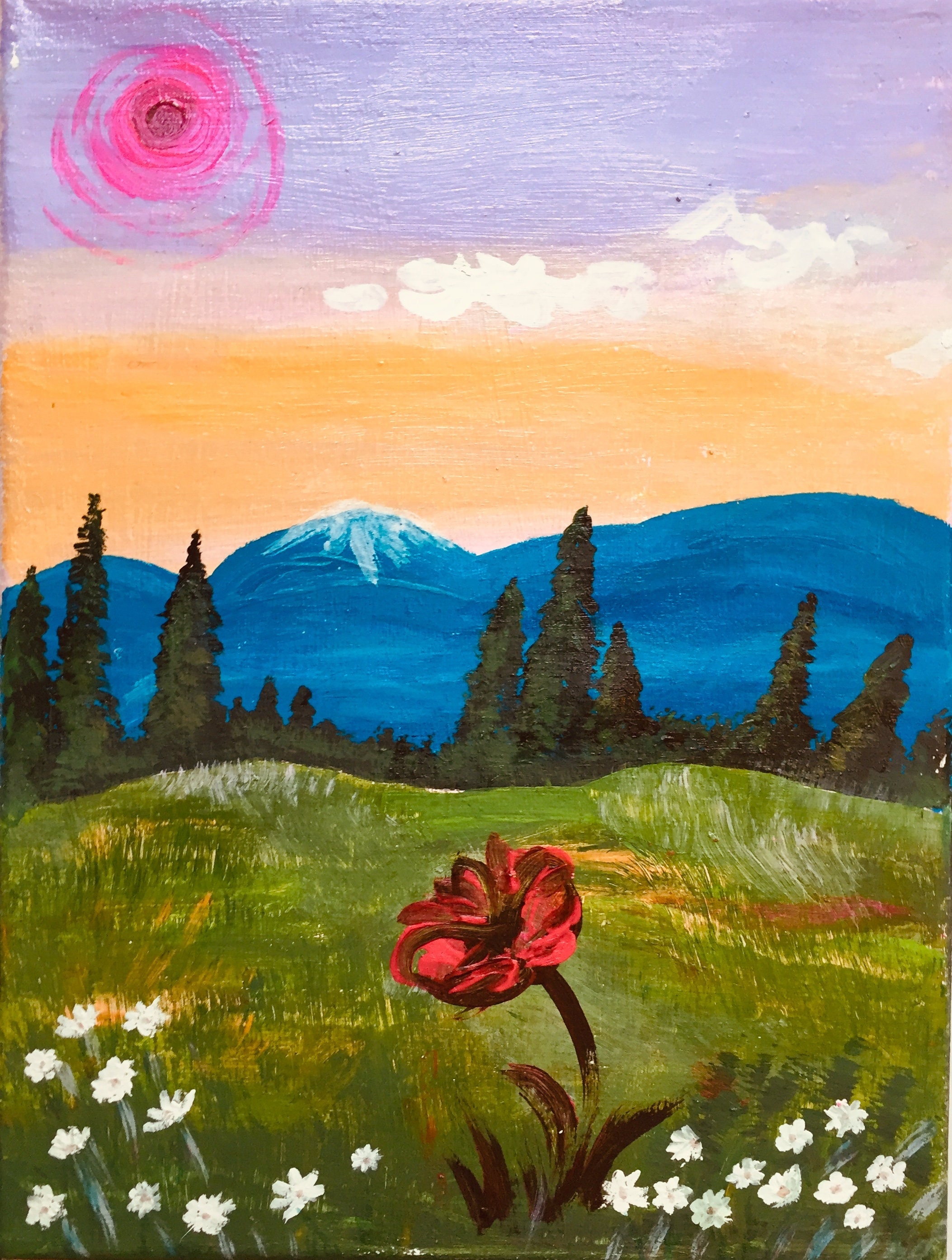 Original Acrylic Painting, Fresh Meadow Art, Sunrise Landscape,Happy Morning Painting,Bright Colored Landscape,Nature Art,Naive Happy Art