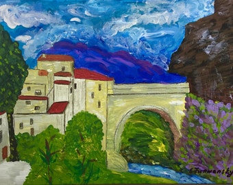Original Provence Bridge Painting, Acrylic on Canvas Board, Landscape Art