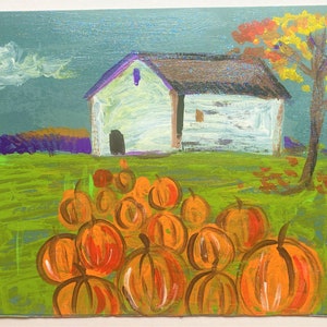 May include: A painting of a white farmhouse with a green field in front of it. There are orange pumpkins scattered across the field. A tree with red and yellow leaves is in the background.