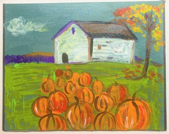 Original Acrylic Pumpkin Patch Painting, Fall Earth Tones