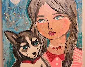 Original acrylic textured painting, lady and her pet-husky, ready to hang, keepsake art, whimsical art on canvas, embellished , collectible
