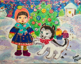 Original Girl and Husky Dog Acrylic Painting, Christmas Eve Snow Scene