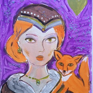 Original acrylic textured painting, lady and her pet-fox, ready to hang, keepsake art, whimsical original fashion art on canvas, embellished