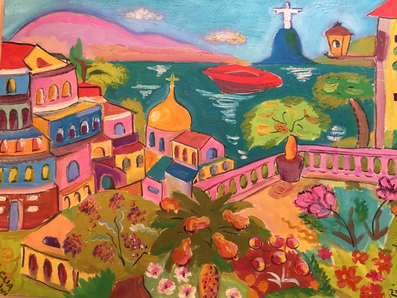 May include: A colorful painting of a seaside town with a church, a red boat, and a statue of Christ the Redeemer on a hill in the background.