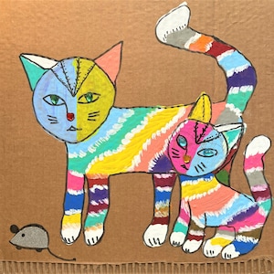 Original acrylic textured painting, 2 cats, mama and baby cat folk art, signed, whimsical art, illustration. cat art, cat lovers dream cute