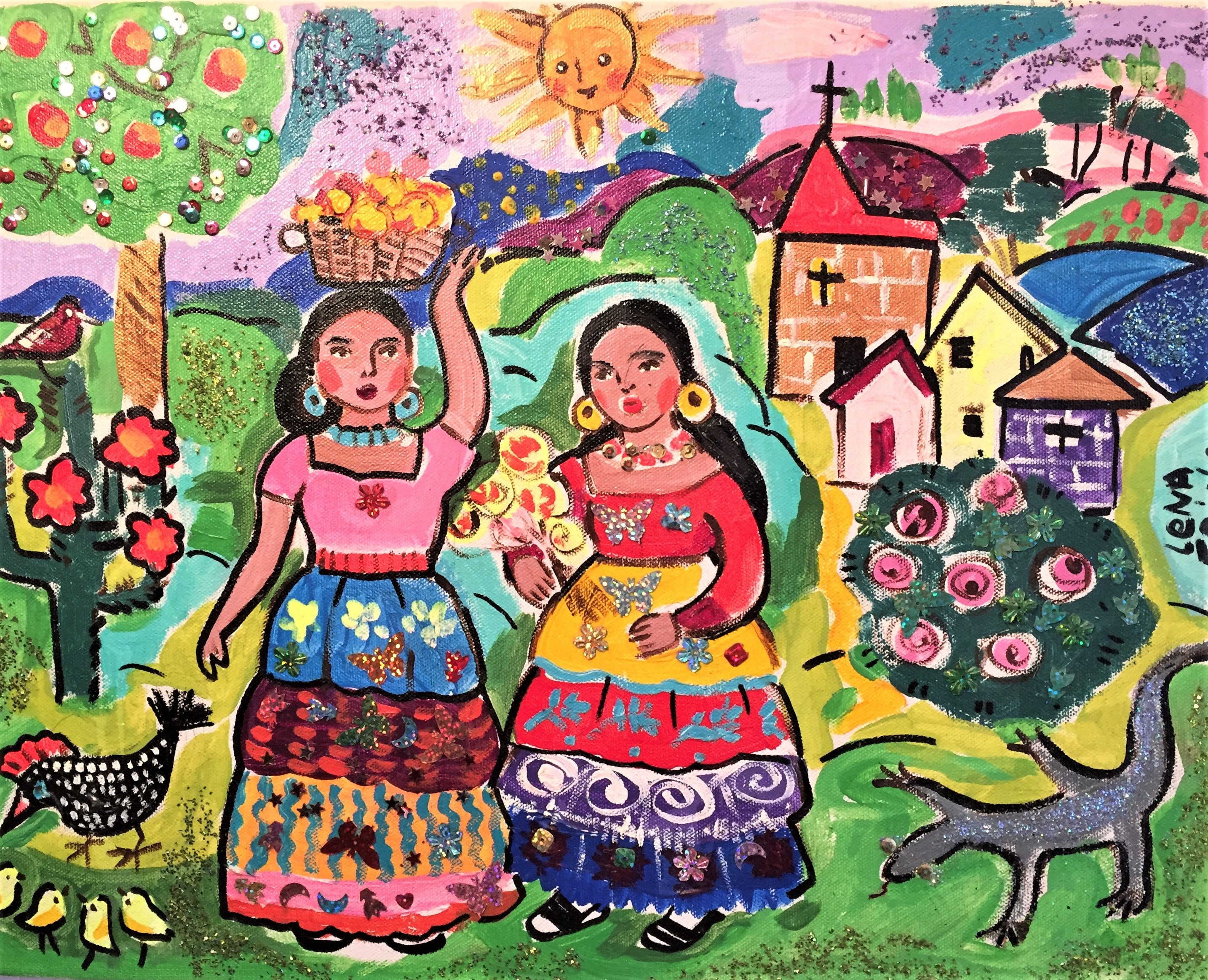 Mexican Folk Art Print,Spanish Girl Art,Mexican Town Print,Naive Spanish  Art,Latin Art Decor,Paradise Art,Mexican nature Art,Floral Print