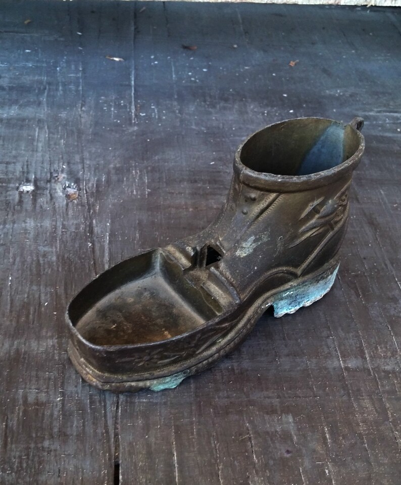 Succulent Plant Pot Rustic Patina Brass Bud Vase Man Cave Barware Decor From Italy Vintage Miniature Shoe Figurine Brass Shoe Ashtray