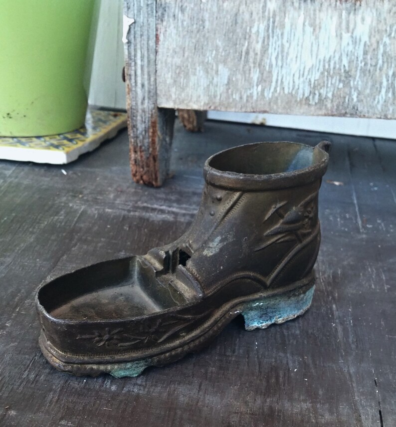 Succulent Plant Pot Rustic Patina Brass Bud Vase Man Cave Barware Decor From Italy Vintage Miniature Shoe Figurine Brass Shoe Ashtray