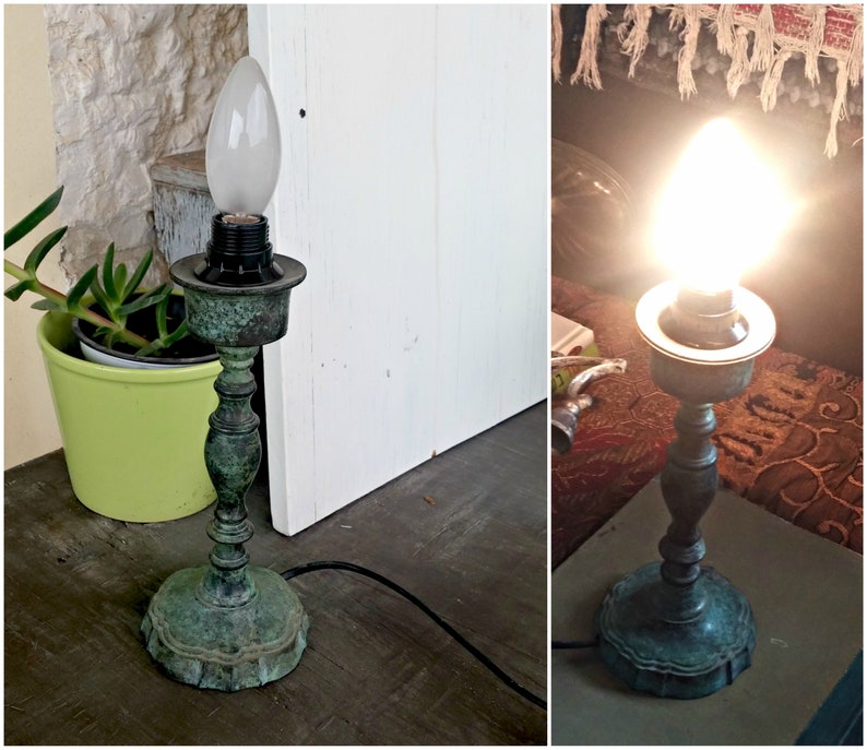 Antiqued Art Deco Lamp Base Vintage Lighting Working Table Retro Boho Distressed Patine For Shabby Rustic Room Black Green Lamps Antiqued Art Deco Lamp Base Vintage, Art Deco Lamp Base