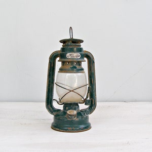 Vintage Green Lantern Lamp, Rusted Railroad Lamp, Farmhouse decor, Industrial chic, Garden decoration, Gift for man