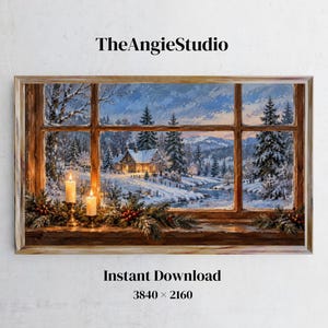 Puede incluir: Una impresión de arte digital titulada TheAngieStudio que muestra un paisaje invernal nevado visto a través de un marco de ventana. Dos velas encendidas descansan sobre el alféizar de madera entre ramas de pino y bayas rojas.
