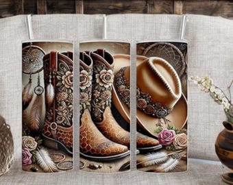 Western Cowgirl Tumbler – Boho Cowboy Boots & Hat – 20oz Skinny Stainless Steel Cup