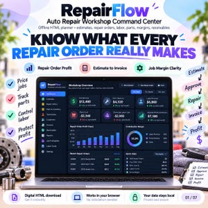 May include: A laptop displaying the RepairFlow Auto Repair Workshop Command Centre dashboard with financial metrics, repair order profit trends, and job margin data. The screen shows revenue, parts costs, and labour statistics in a dark mode interface.