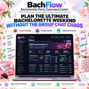 Może przedstawiać: Laptop wyświetlający pulpit nawigacyjny BachFlow Bachelorette Party Command Center, planer HTML offline do śledzenia gości, podziału budżetu i planowania podróży. Ekran pokazuje dane dotyczące wieczoru panieńskiego Sophie w Nashville.