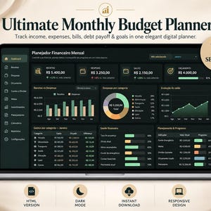 May include: A laptop screen displaying an Ultimate Monthly Budget Planner with 19 sections. The dark mode interface features financial dashboards, bar charts, pie charts, and line graphs tracking income, expenses, debt, and savings goals in Portuguese.