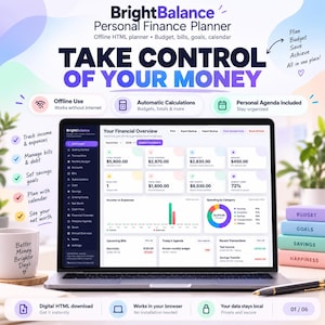 May include: A laptop displaying the BrightBalance Personal Finance Planner interface, featuring a financial overview dashboard with charts, income, expense, and savings data. The screen shows text including Take Control Of Your Money and various icons.
