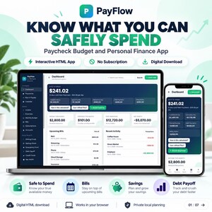 May include: A digital PayFlow personal finance app displayed on a laptop screen and a smartphone. The interface shows a dashboard with financial data, including safe to spend amounts, upcoming bills, and recent activity logs.