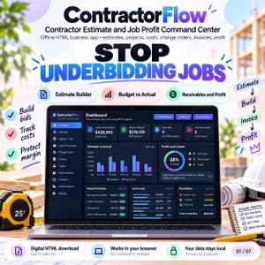 Può includere: Un portatile che mostra la dashboard di ContractorFlow, un'app aziendale HTML offline per preventivi, progetti, costi e fatture. Lo schermo mostra dati finanziari e grafici. Il testo include: STOP UNDERBIDDING JOBS.