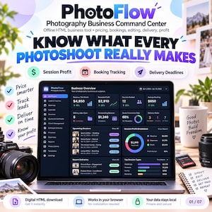 Peut inclure: Un ordinateur portable affichant le tableau de bord PhotoFlow pour la gestion d'entreprise de photographie avec des indicateurs de revenus, profits et réservations. L'écran présente une interface sombre. Texte : "Know what every photoshoot really makes."