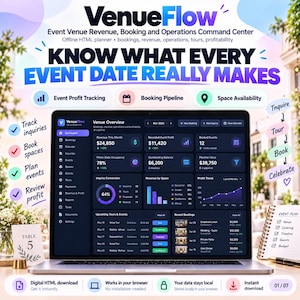 May include: A laptop displaying the VenueFlow dashboard, an event venue revenue and operations command center. The screen shows data on profit tracking, booking pipelines, and space availability. Text includes VenueFlow, Know What Every Event Date Really Makes, and event planning checklists.