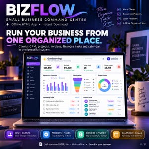 Op de afbeelding: Een laptopscherm met het BizFlow dashboard voor kleine bedrijven, inclusief financiële statistieken, omzetgrafieken, een verkooptrechter, projectstatus, aankomende taken en een lijst met recente leads. De interface heeft een donker zijmenu.
