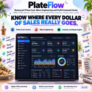 May include: A laptop displaying the PlateFlow restaurant command centre dashboard, featuring metrics for prime cost, menu engineering, and inventory. The screen shows charts, cost breakdowns, and data tables for sales and profit analysis.