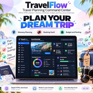 Może przedstawiać: Laptop wyświetlający pulpit nawigacyjny TravelFlow Travel Planning Command Center z sekcjami planowania trasy, rezerwacji, budżetu i pakowania. Ekran pokazuje szczegóły podróży, wykresy budżetowe oraz nadchodzące aktywności dla wyjazdu do Włoch.