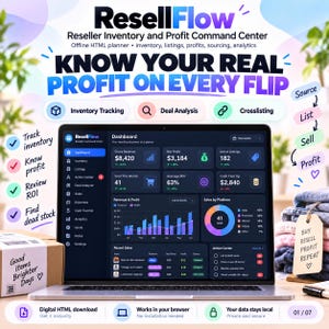 May include: A laptop displaying the ResellFlow dashboard, an inventory and profit command centre. The screen shows data for gross revenue, net profit, active listings, and ROI. Text includes ResellFlow, Know Your Real Profit On Every Flip.