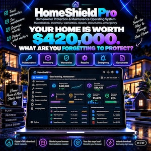 May include: A laptop displaying the HomeShield Pro dashboard, a home maintenance operating system. The screen shows property value, inventory, maintenance, and document tracking. Text includes HomeShield Pro, Your Home Is Worth $420,000, and What Are You Forgetting To Protect?