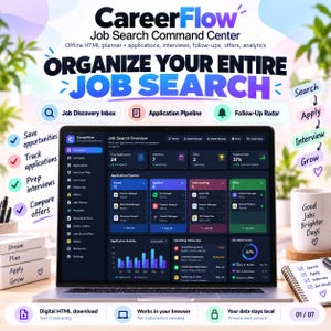 May include: A laptop displaying the CareerFlow Job Search Command Centre dashboard with dark mode interface, showing application pipelines, interview tracking, and analytics. Text includes "ORGANIZE YOUR ENTIRE JOB SEARCH" and "Good Jobs Brighter Days" on a mug.